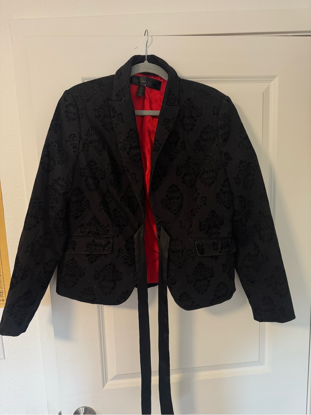 Apostrophe Black Damask Blazer with Red Lining